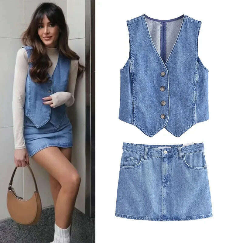 TRAF Women's Denim Vest Fashion Denim Sleeveless Vests For Women Jackets Short Sets Street New Outerwear Causal Female vest Top - KIMLUD