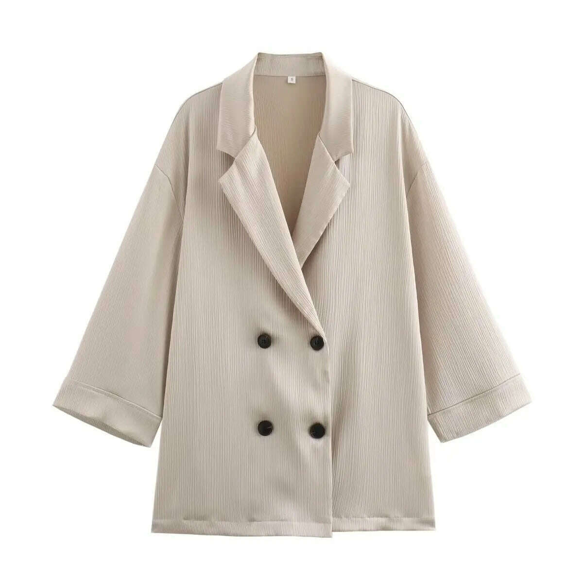 KIMLUD, TRAFZA Casual Beige Shiny Women Blazer Suits V Neck Double Buttons Loose Blazer+High Waist Wide Leg Pants Fashion 2024 Suits, Blazer / S, KIMLUD APPAREL - Womens Clothes