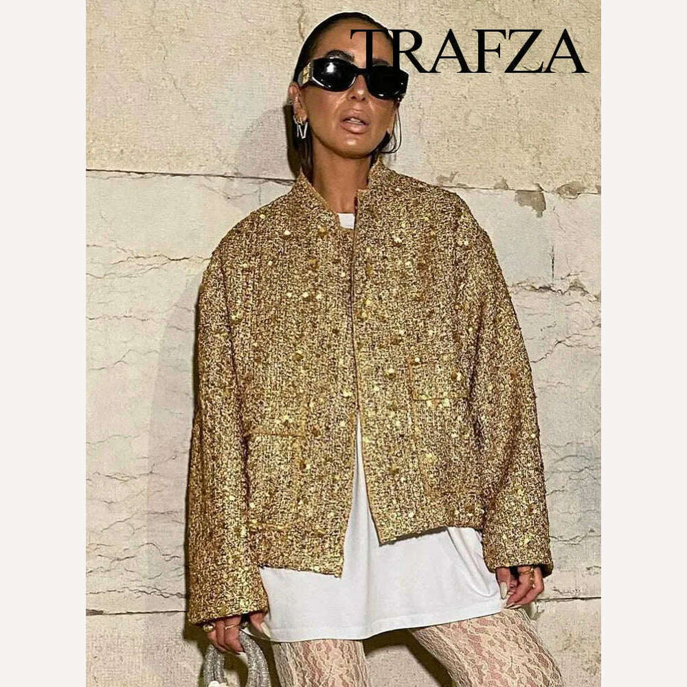 KIMLUD, TRAFZA Women Fashion Shiny Sequin Jacket Y2k Gold Color Stand Collar Long Sleeve Short Coat Autumn Winter Ladies High Streetwear, KIMLUD Womens Clothes