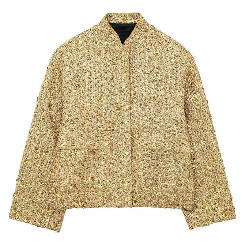 KIMLUD, TRAFZA Women Fashion Shiny Sequin Jacket Y2k Gold Color Stand Collar Long Sleeve Short Coat Autumn Winter Ladies High Streetwear, Gold(Sequins) / XS, KIMLUD APPAREL - Womens Clothes