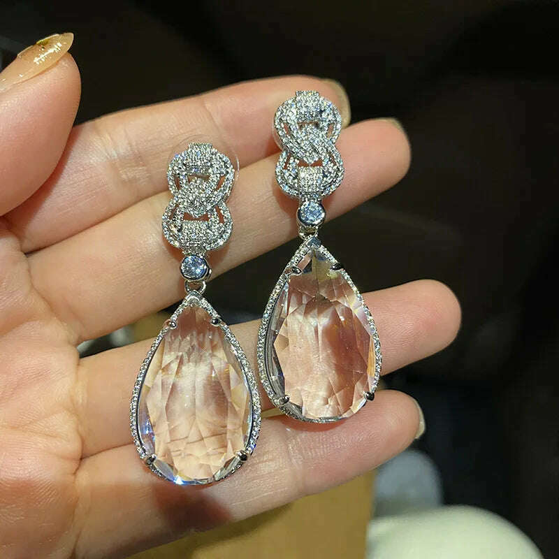 Transparent Crystal Large Water Droplet Pendant Earrings Exquisite Elegant Luxurious Women Jewelry Sparkling Statement Pieces - KIMLUD