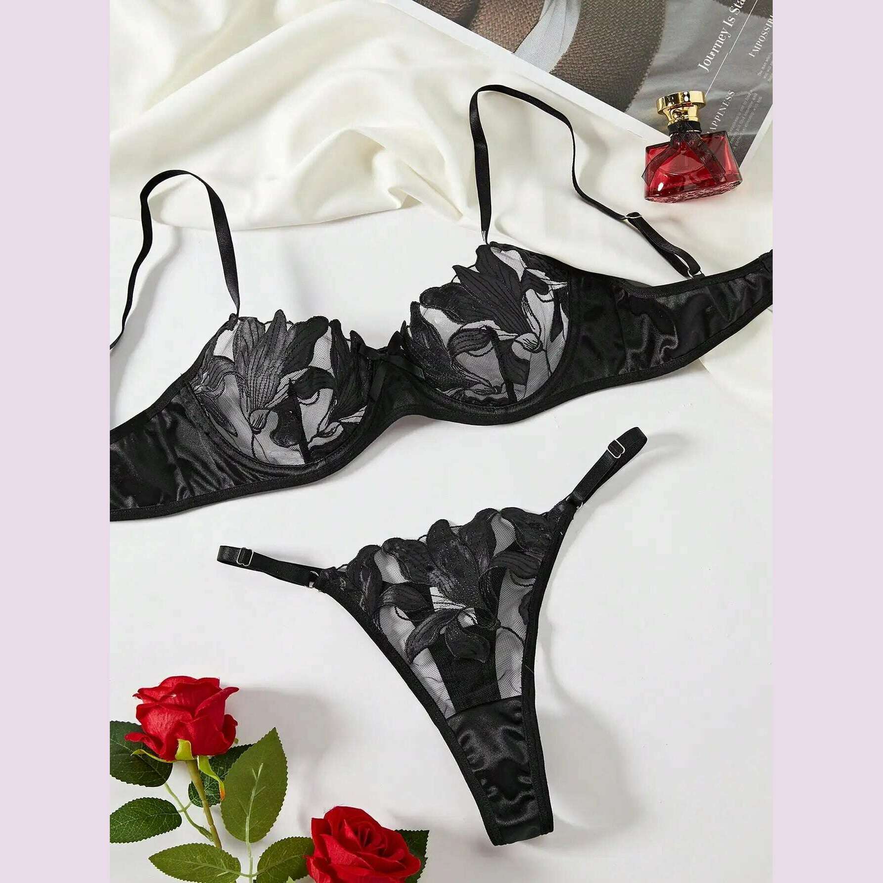 KIMLUD, Transparent Floral Two Pieces Exquisite Lace Lingerie Set Ultrathin Bra Briefs Set Solid Exotic Lingerie For Ladies 2024, XL / Black, KIMLUD APPAREL - Womens Clothes