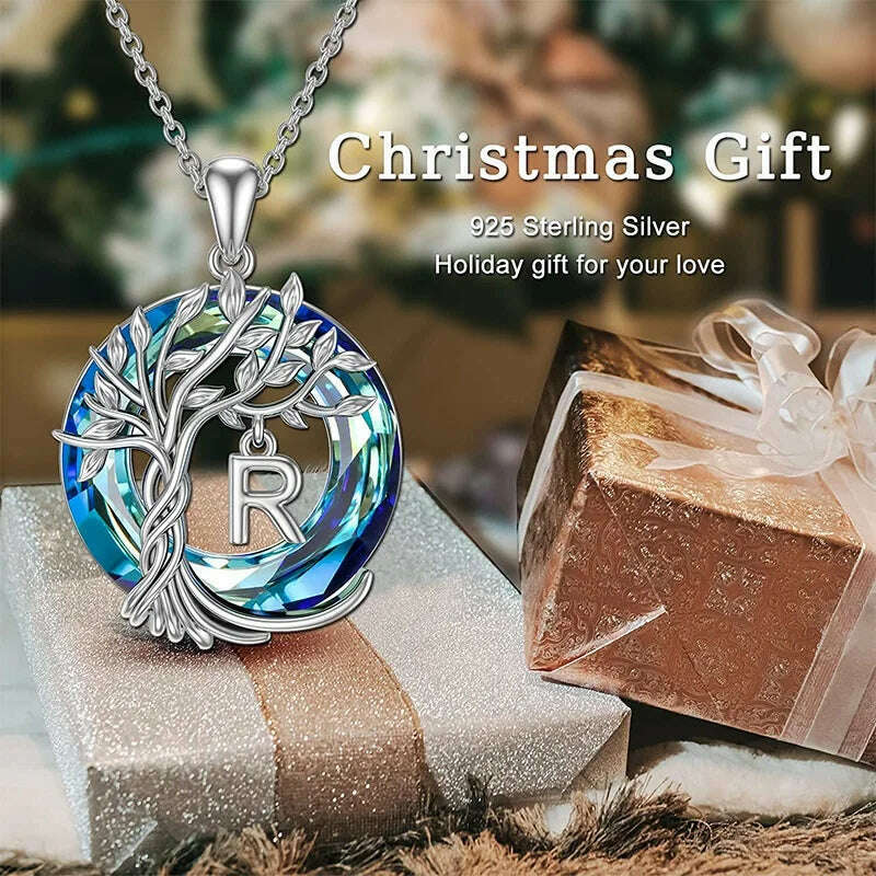 Tree of Life Pendant with A-Z Initial Letter Blue Circle Crystal Name Necklace for Women Mother's Day Jewelry Gifts for Mom Wife - KIMLUD