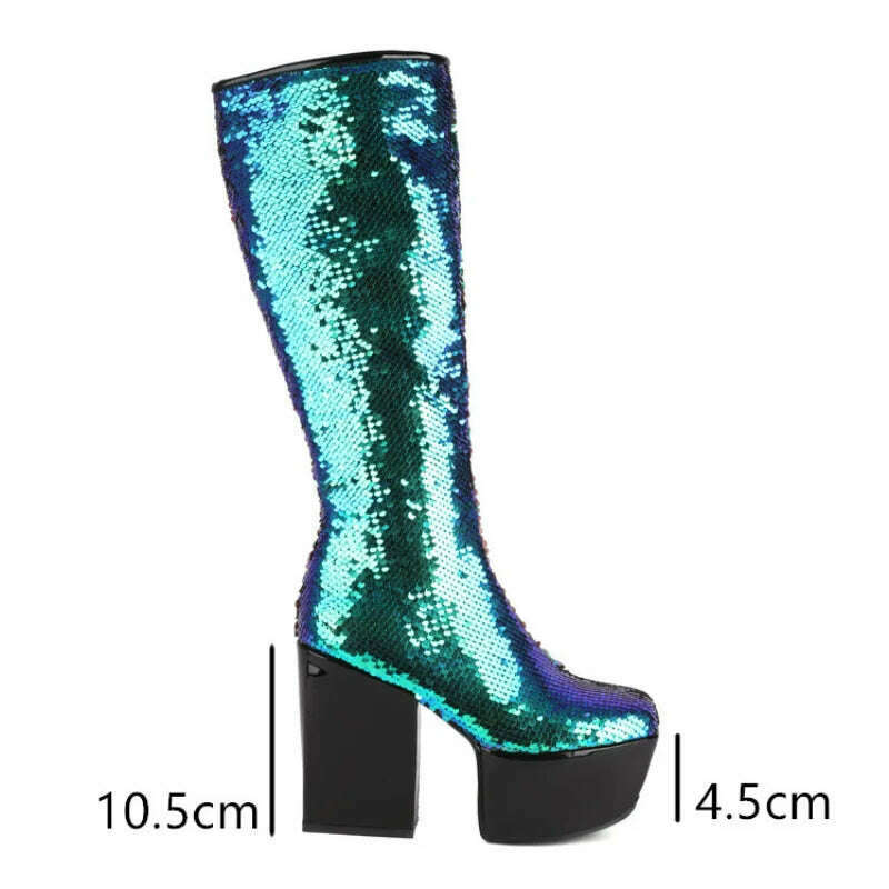 KIMLUD, Trendy Chic Sequined Cloth Glitter Silver Kneehigh Boots Gothic Punk Chunky High Heels Thick Platform Long Boot Women Party Shoe, KIMLUD Womens Clothes