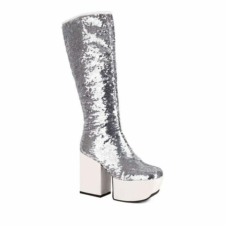 KIMLUD, Trendy Chic Sequined Cloth Glitter Silver Kneehigh Boots Gothic Punk Chunky High Heels Thick Platform Long Boot Women Party Shoe, Sequin Silver Boots / 4, KIMLUD APPAREL - Womens Clothes