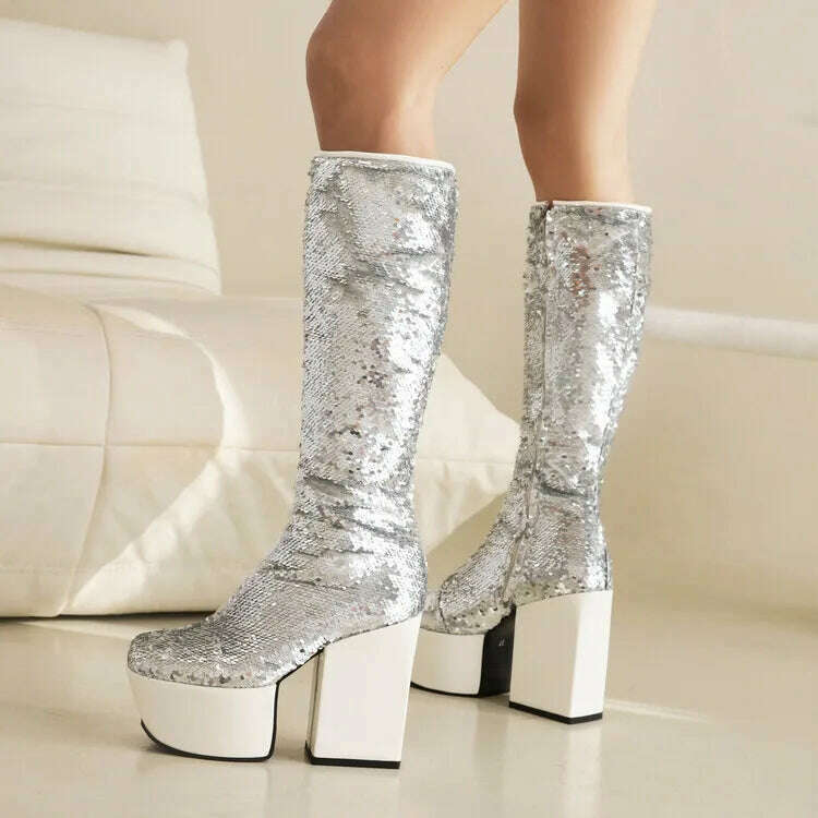 KIMLUD, Trendy Chic Sequined Cloth Glitter Silver Kneehigh Boots Gothic Punk Chunky High Heels Thick Platform Long Boot Women Party Shoe, KIMLUD Womens Clothes