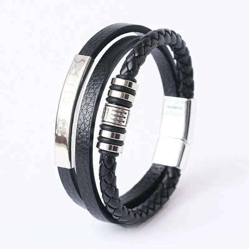 KIMLUD, Trendy Leather Bracelets For Men Stainless Steel Bracelet 21CM Multilayer Braided Rope Bracelets for Male Jewelry Gifts, KIMLUD Womens Clothes