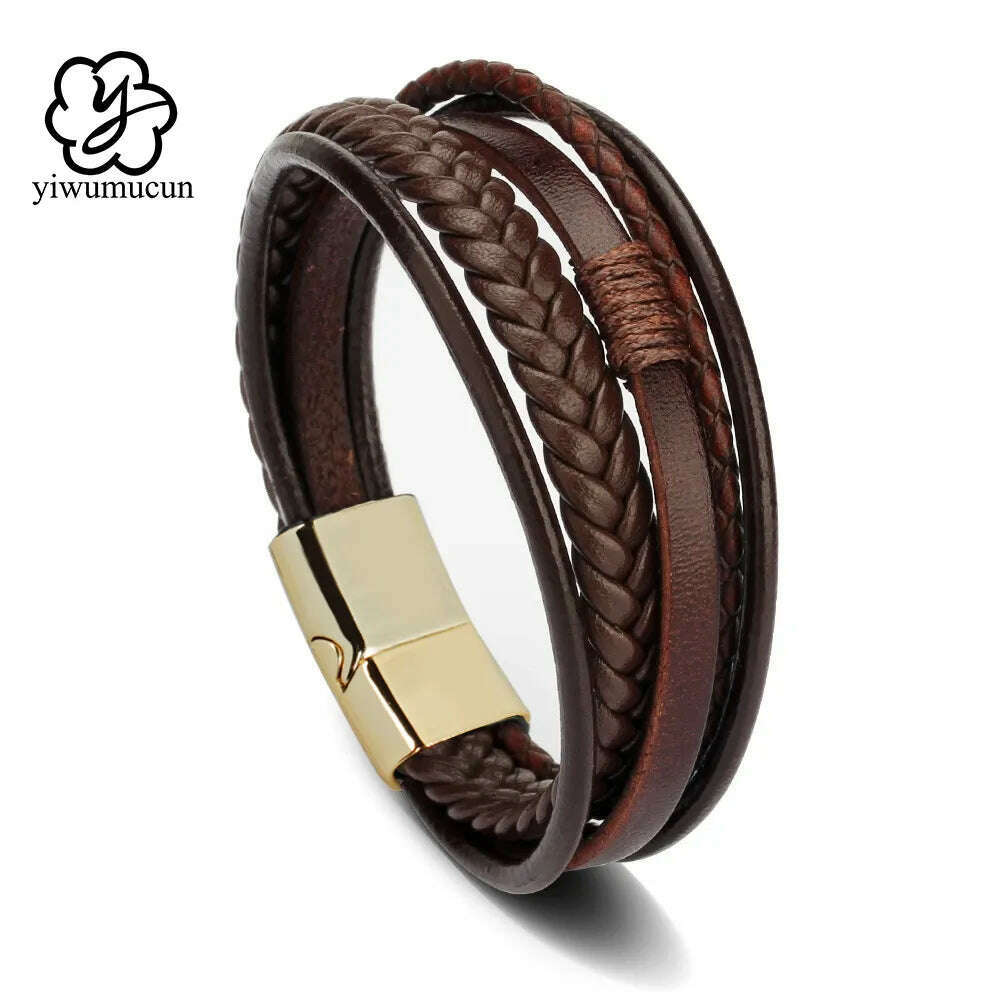 KIMLUD, Trendy Leather Bracelets For Men Stainless Steel Bracelet 21CM Multilayer Braided Rope Bracelets for Male Jewelry Gifts, KIMLUD Womens Clothes