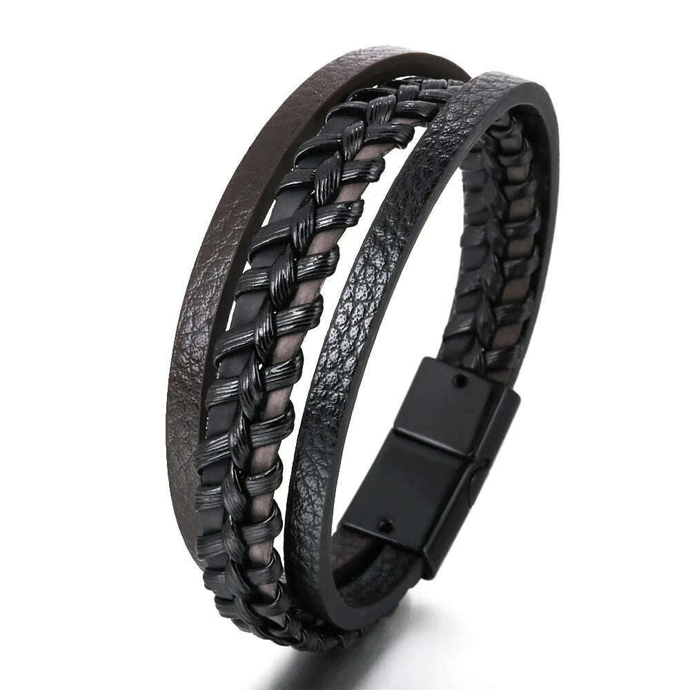 KIMLUD, Trendy Leather Bracelets For Men Stainless Steel Bracelet 21CM Multilayer Braided Rope Bracelets for Male Jewelry Gifts, 10 / 21, KIMLUD APPAREL - Womens Clothes