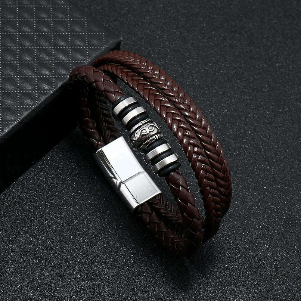 KIMLUD, Trendy Leather Bracelets For Men Stainless Steel Bracelet 21CM Multilayer Braided Rope Bracelets for Male Jewelry Gifts, 22 / 21, KIMLUD APPAREL - Womens Clothes