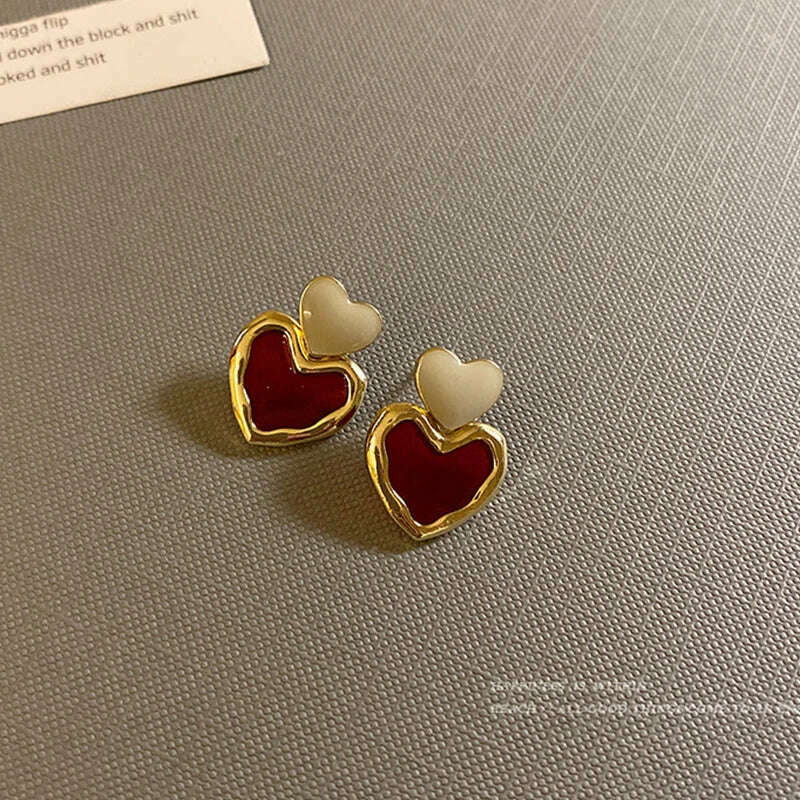 KIMLUD, Trendy Sweet Burgundy Enamel Heart Earrings for Women Girl Gold Color Metal Love Heart Hanging Dangle Earrings Vintage Jewelry, A, KIMLUD APPAREL - Womens Clothes