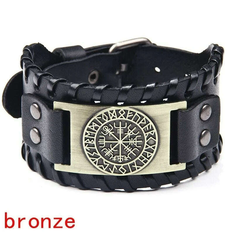 KIMLUD, Trendy Viking Bracelet Nordic Rune Compass God Bird Charm Men's Bracelet New Fashion Leather Woven Jewelry Accessorie Party Gift, Light Yellow Gold Color / China, KIMLUD APPAREL - Womens Clothes