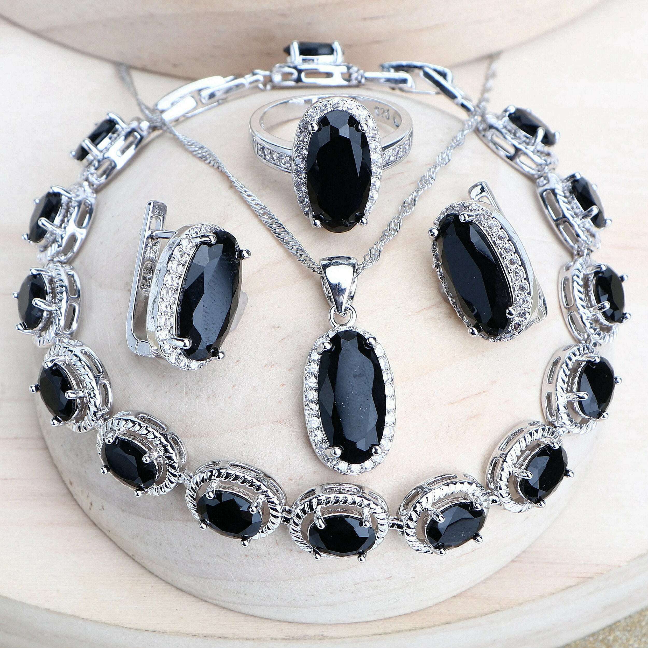 KIMLUD, Trendy Women Bridal Jewelry Sets Silver 925 Black Cubic Zirconia Jewellery Wedding Earrings Rings Bracelets Pendant Necklace, KIMLUD Womens Clothes