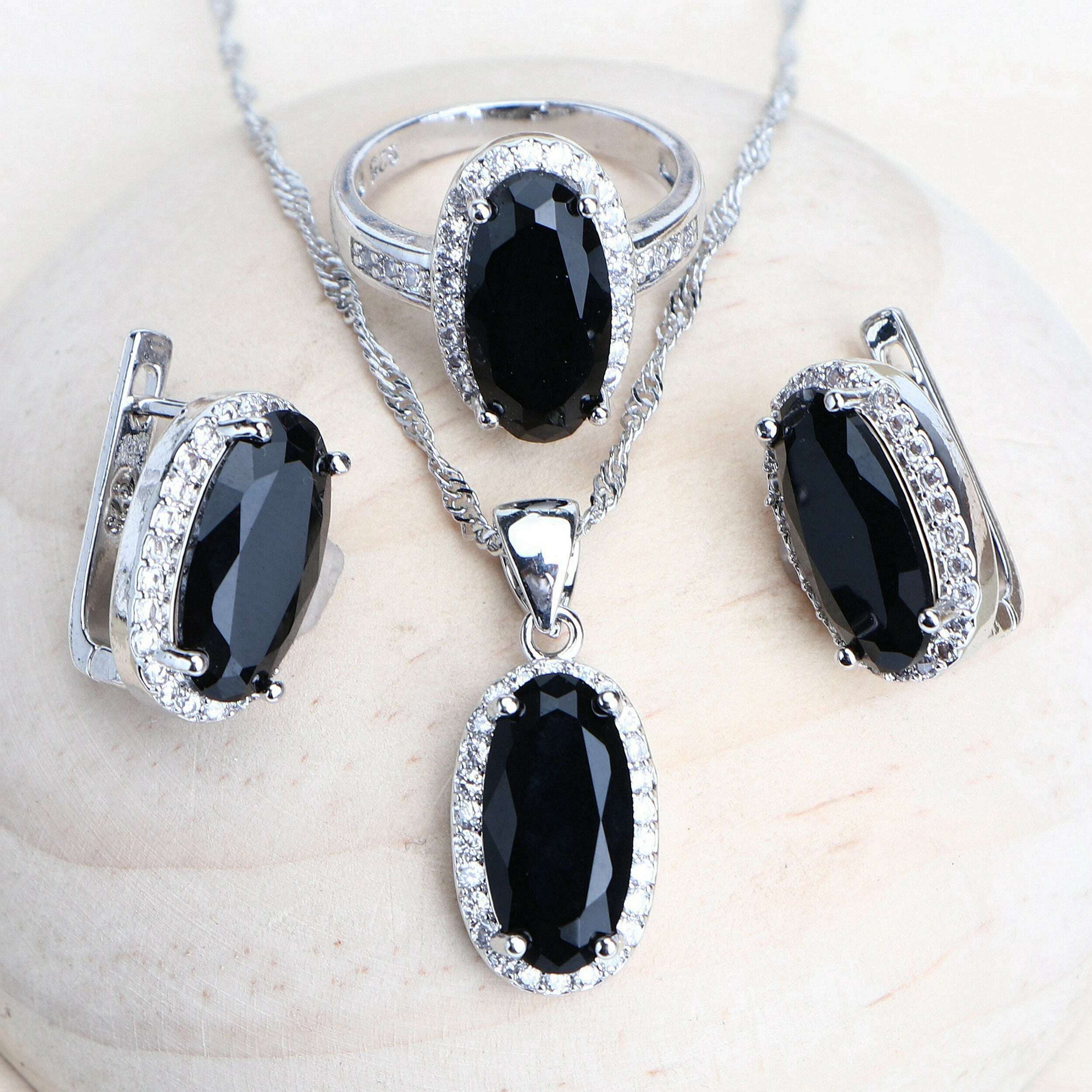 Trendy Women Bridal Jewelry Sets Silver 925 Black Cubic Zirconia Jewellery Wedding Earrings Rings Bracelets Pendant Necklace - KIMLUD