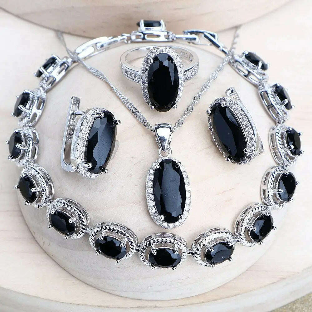 Trendy Women Bridal Jewelry Sets Silver 925 Black Cubic Zirconia Jewellery Wedding Earrings Rings Bracelets Pendant Necklace - KIMLUD