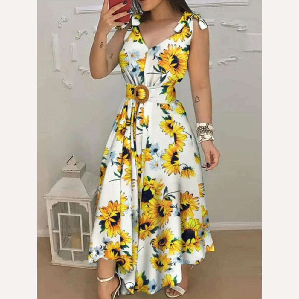 Tropical Print V Neck Tie Up Maxi Dress with Belt Women Sleeveless Casual Summer Dress - KIMLUD