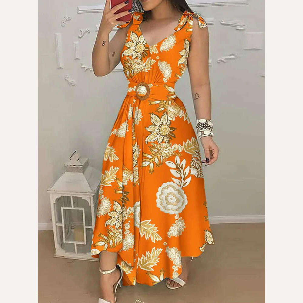 Tropical Print V Neck Tie Up Maxi Dress with Belt Women Sleeveless Casual Summer Dress - KIMLUD