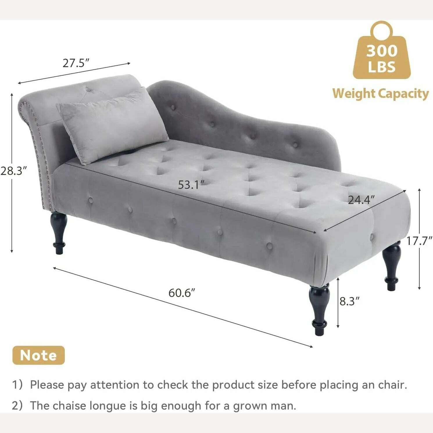 KIMLUD, Tufted Velvet Chaise Lounge Chair Indoor, Modern Upholstered Rolled Arm Sofa Lounge Indoor with Nailhead Trim, Lounge Chaise, Grey / United States, KIMLUD APPAREL - Womens Clothes