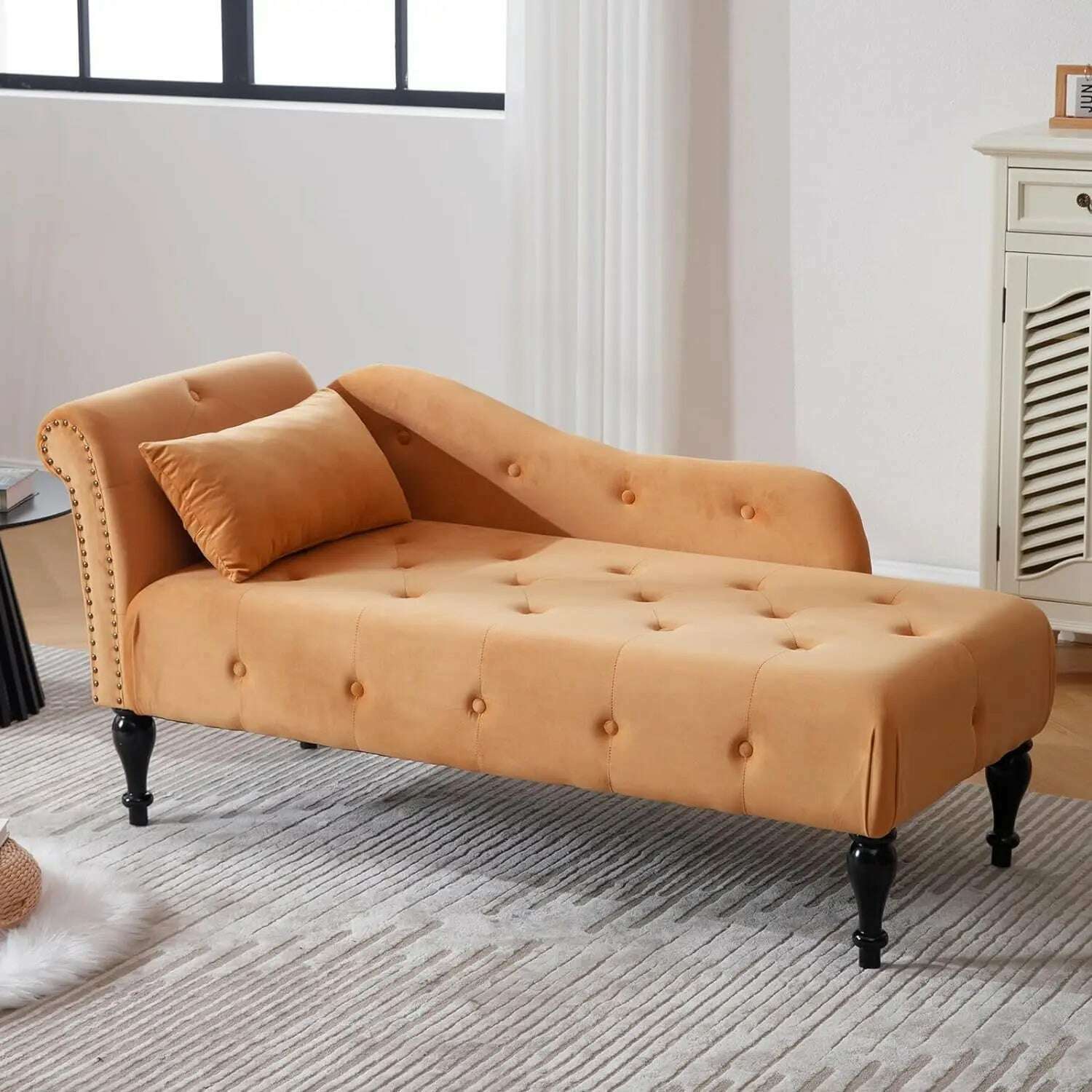 KIMLUD, Tufted Velvet Chaise Lounge Chair Indoor, Modern Upholstered Rolled Arm Sofa Lounge Indoor with Nailhead Trim, Lounge Chaise, Orange / United States, KIMLUD APPAREL - Womens Clothes