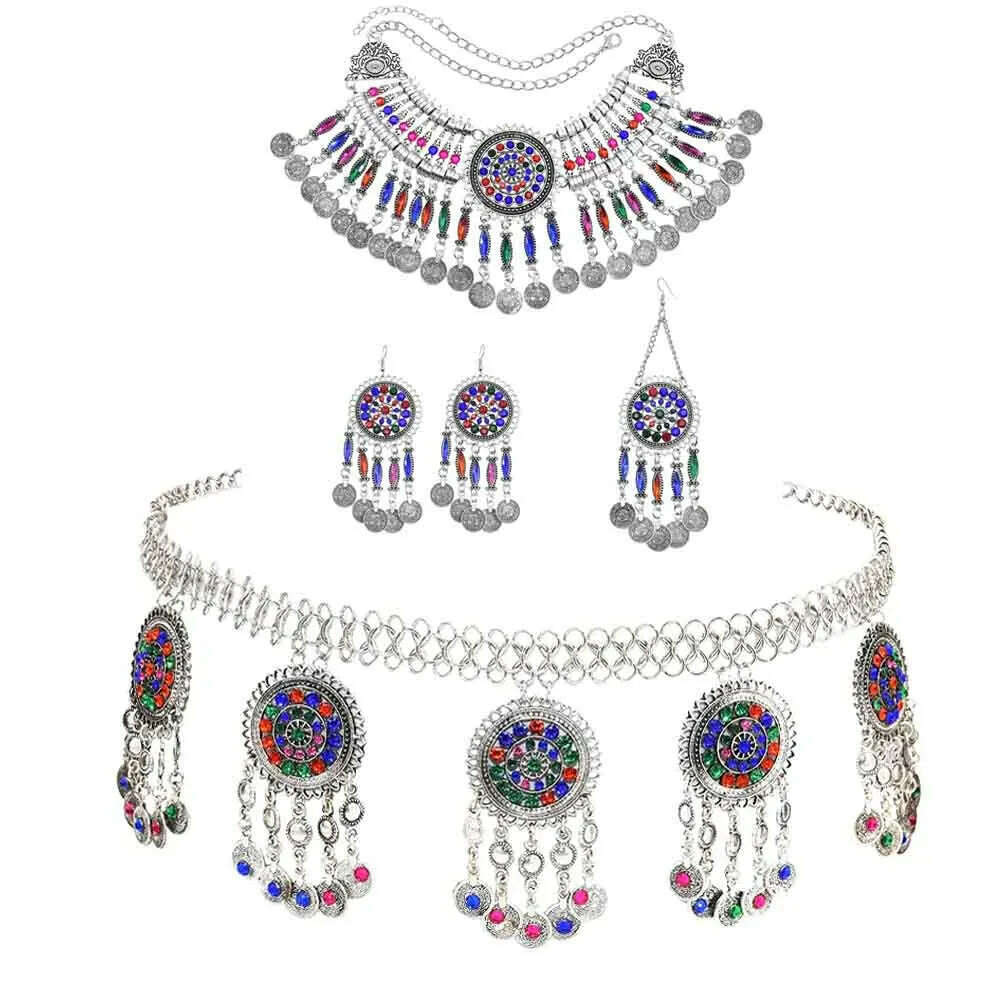 KIMLUD, Turkish Bohemian Coin Necklaces Earrings Belly Chains Hair Clips Jewelry Sets for Women Afghan Indian Festival Party Jewelry, Set, KIMLUD APPAREL - Womens Clothes