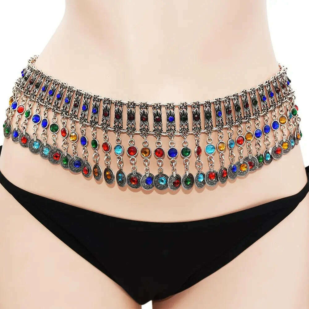 KIMLUD, Turkish Coin Long Tassel Belly Chains for Women Colorful Crystal Waist Dance Belt India Gypsy Statement Beach Jewelry, Default Title, KIMLUD APPAREL - Womens Clothes