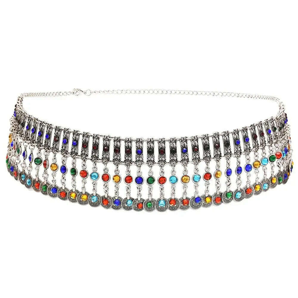 Turkish Coin Long Tassel Belly Chains for Women Colorful Crystal Waist Dance Belt India Gypsy Statement Beach Jewelry - KIMLUD