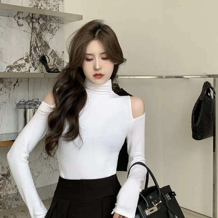 KIMLUD, Turtleneck T-shirts Women Slim Long Sleeve Designed Sexy Autumn Tops Elegant Office Lady Sweet Temper All-match Popular Korean, white / S, KIMLUD APPAREL - Womens Clothes