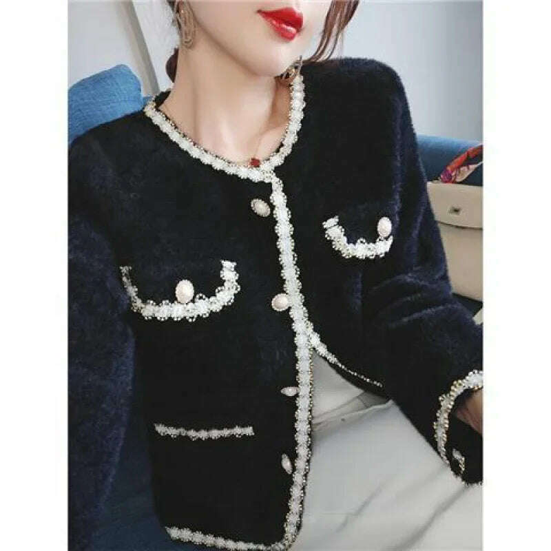 KIMLUD, Tweed Style Women's Early Spring New Fashion Top Elegant Versatile Mink Knitted Cardigan Cropped Top Crew Neck Pattern, KIMLUD Womens Clothes