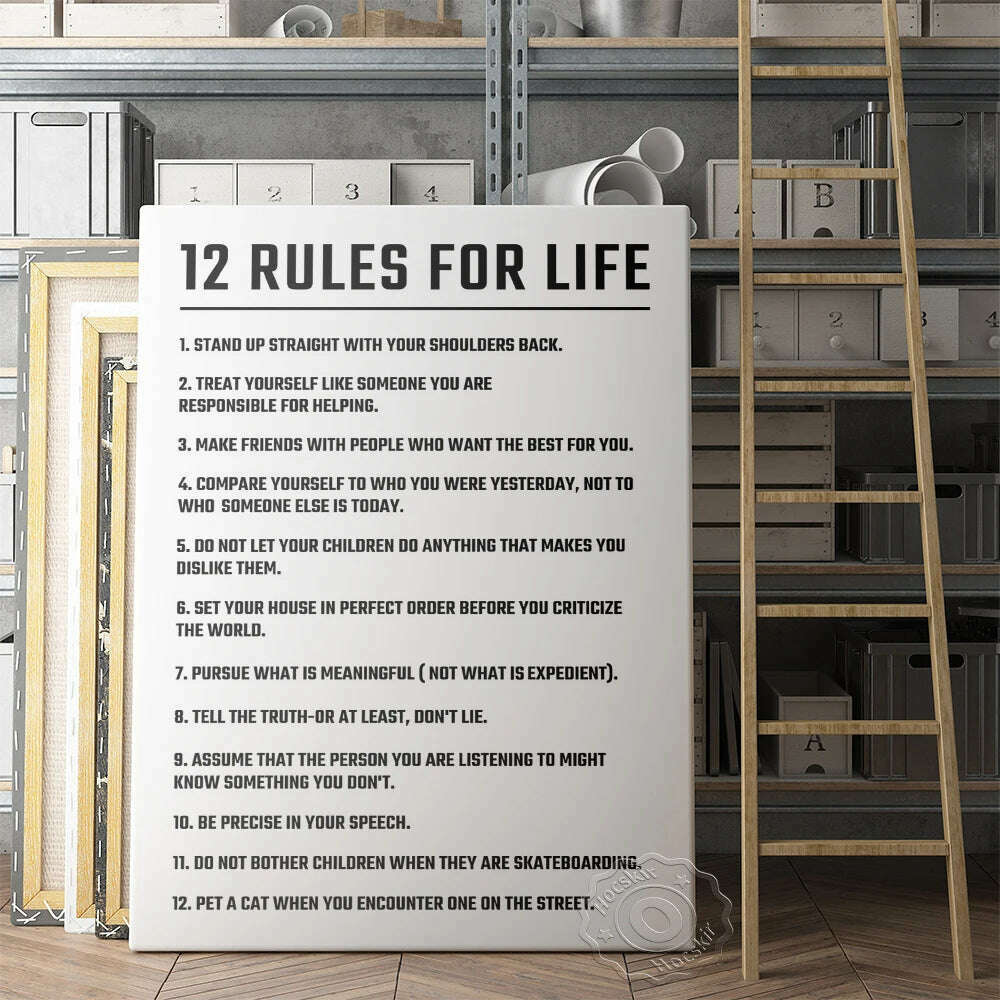 Twelve Rules Of Life Poster, Jordan Peterson 12 Principles Wall Art, Motivational Education Life White Art Prints, Teacher Gift - KIMLUD