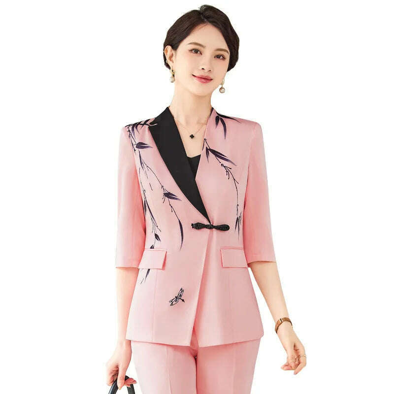 KIMLUD, Two-Piece Leaf Print Blazer Pantsuits Set for Women Office Ladies Business Single Buttons Formal Wide Leg Pants Trousers Suit, KIMLUD Womens Clothes