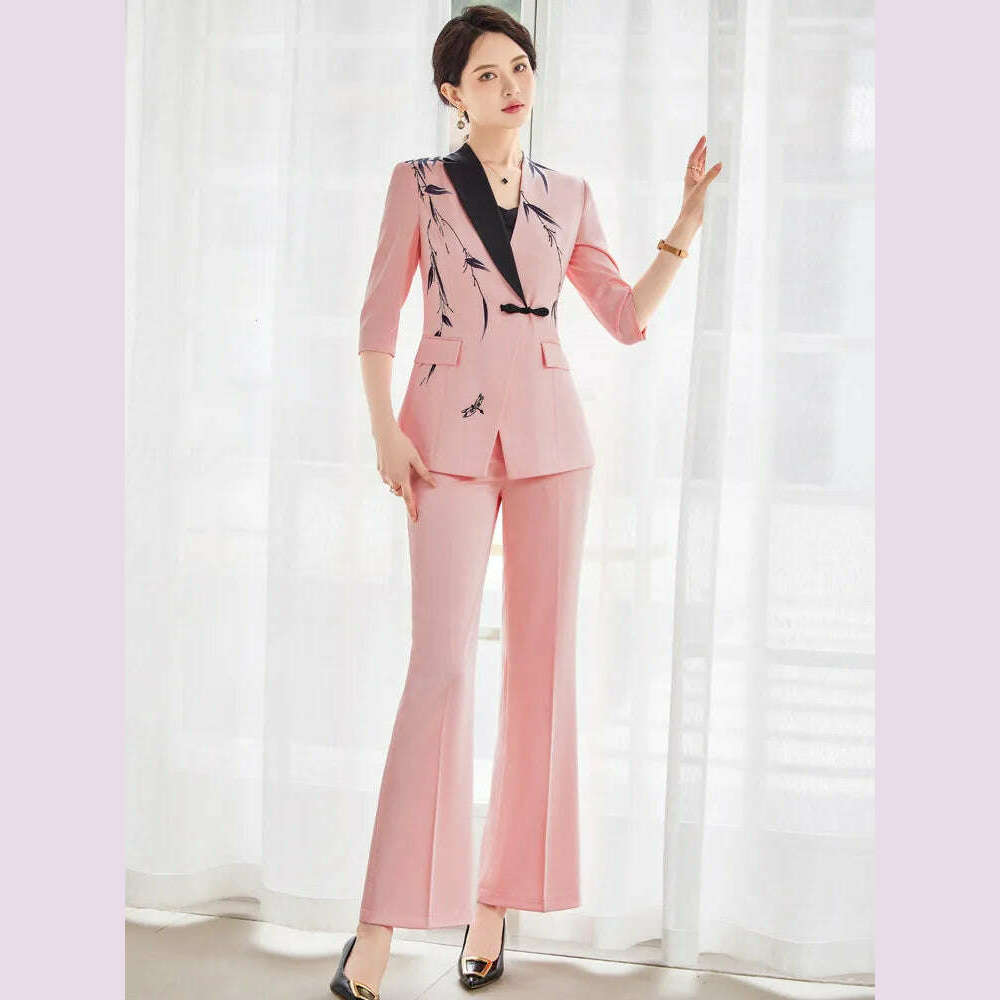 KIMLUD, Two-Piece Leaf Print Blazer Pantsuits Set for Women Office Ladies Business Single Buttons Formal Wide Leg Pants Trousers Suit, KIMLUD Womens Clothes