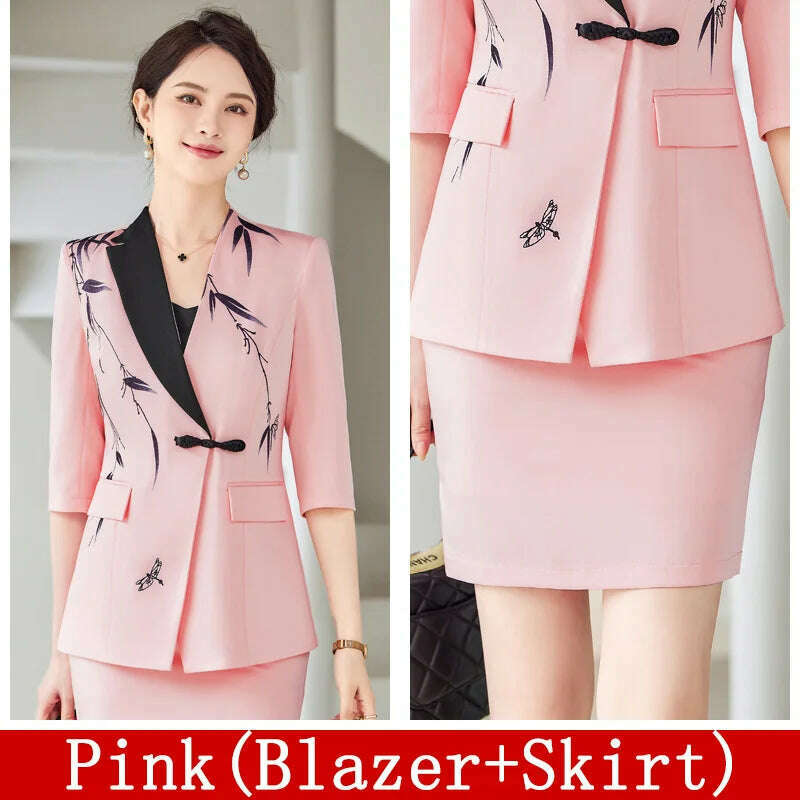 KIMLUD, Two-Piece Leaf Print Blazer Pantsuits Set for Women Office Ladies Business Single Buttons Formal Wide Leg Pants Trousers Suit, Pink Skirt Suits / M / CHINA, KIMLUD APPAREL - Womens Clothes