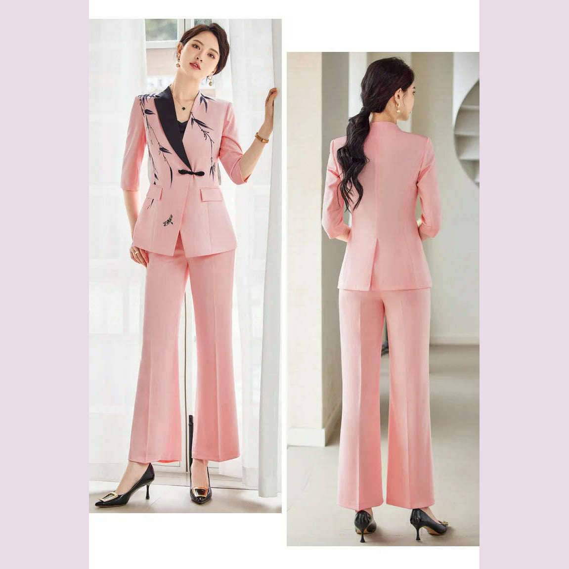 KIMLUD, Two-Piece Leaf Print Blazer Pantsuits Set for Women Office Ladies Business Single Buttons Formal Wide Leg Pants Trousers Suit, KIMLUD Womens Clothes