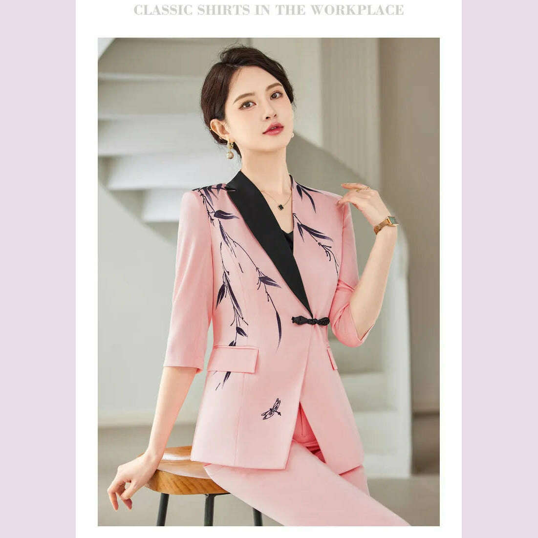 KIMLUD, Two-Piece Leaf Print Blazer Pantsuits Set for Women Office Ladies Business Single Buttons Formal Wide Leg Pants Trousers Suit, KIMLUD Womens Clothes