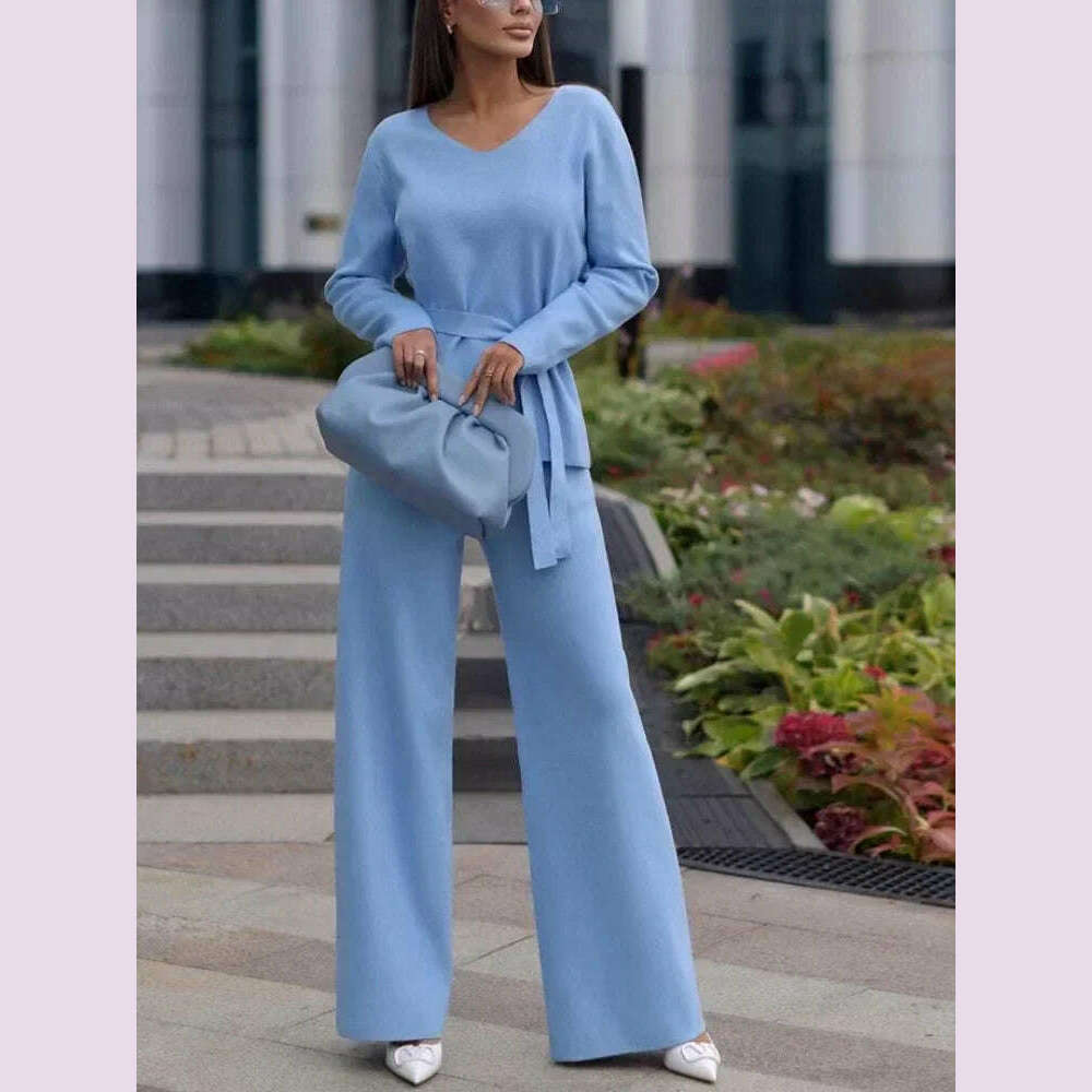 KIMLUD, Two Piece Pant Sets for Women Casual V-neck Knitted Sweater Suits New Elegant Women's Sweater with Belt and Wide Leg Pant Sets, SKY BLUE / S, KIMLUD APPAREL - Womens Clothes