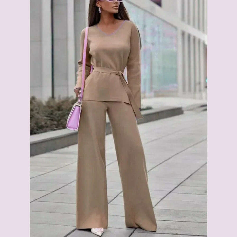 KIMLUD, Two Piece Pant Sets for Women Casual V-neck Knitted Sweater Suits New Elegant Women's Sweater with Belt and Wide Leg Pant Sets, Camel / M, KIMLUD APPAREL - Womens Clothes