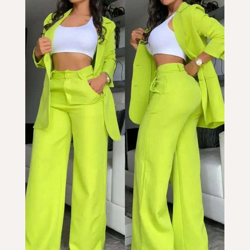 Two Piece Set Women Outfit 2023 Autumn Fashion Notched Collar Long Sleeve Blazer Coat & Elegant Pocket Design Work Pants Set - KIMLUD