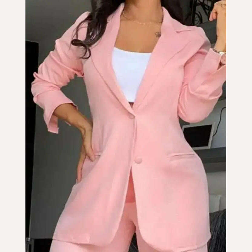 Two Piece Set Women Outfit 2023 Autumn Fashion Notched Collar Long Sleeve Blazer Coat & Elegant Pocket Design Work Pants Set - KIMLUD