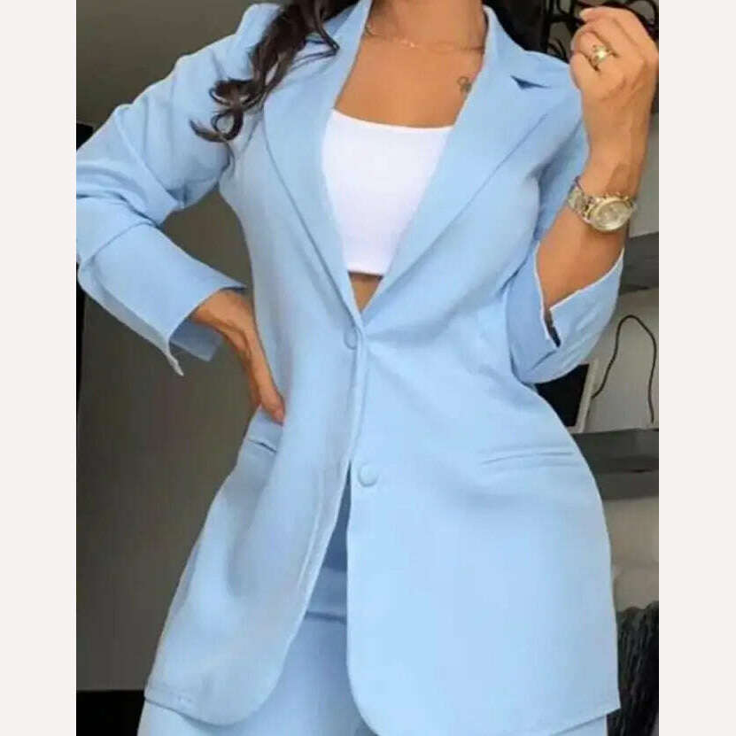 Two Piece Set Women Outfit 2023 Autumn Fashion Notched Collar Long Sleeve Blazer Coat & Elegant Pocket Design Work Pants Set - KIMLUD