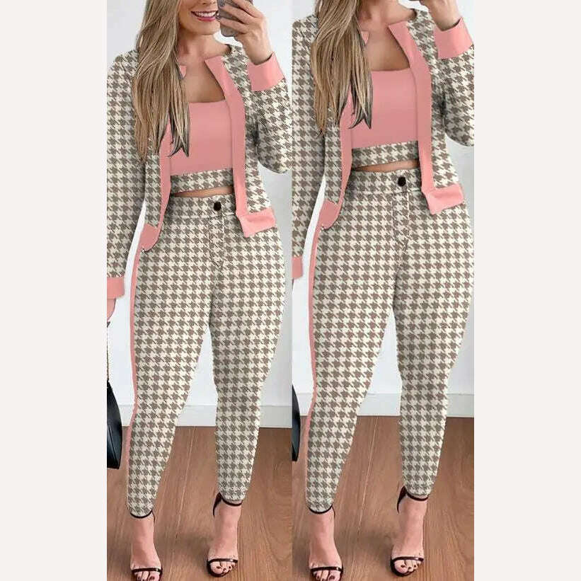 KIMLUD, Two Piece Set Women Outfit Spring Fashion Plaid Print Contrast Paneled Open Front Long Sleeve Coat & Elegant Skinny Pants Set, B / S, KIMLUD APPAREL - Womens Clothes