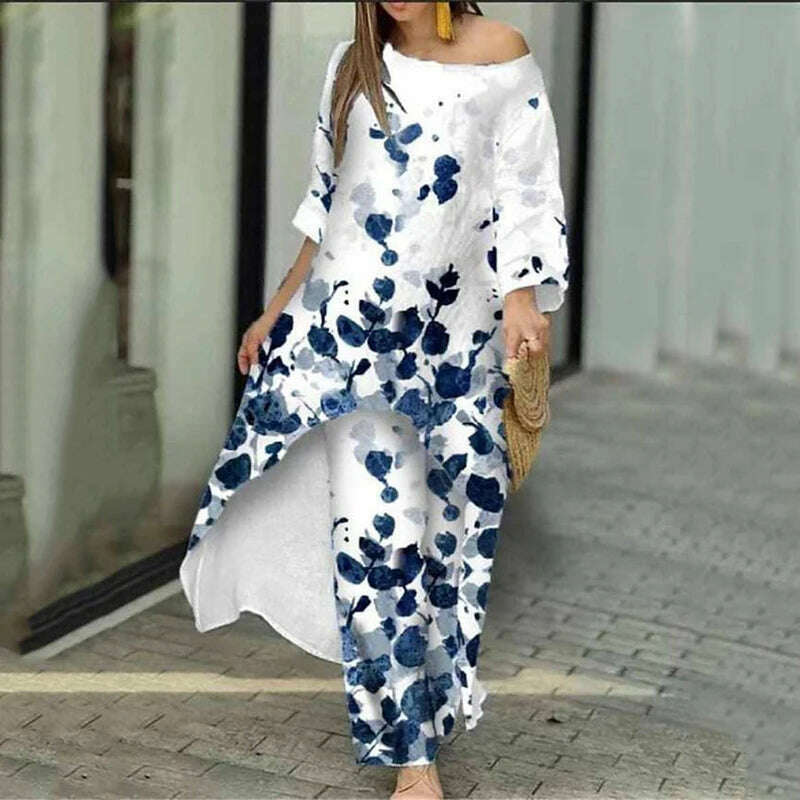 Two Piece Sets O-Neck Long Sleeve Irregular Hem Long Top & Causal Loose Wide Leg Pants Suits Fashion Print Floral Comfort Sets - KIMLUD