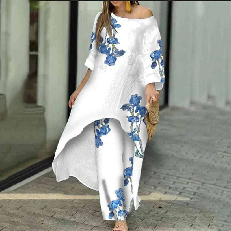 Two Piece Sets O-Neck Long Sleeve Irregular Hem Long Top & Causal Loose Wide Leg Pants Suits Fashion Print Floral Comfort Sets - KIMLUD