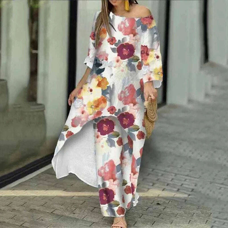 Two Piece Sets O-Neck Long Sleeve Irregular Hem Long Top & Causal Loose Wide Leg Pants Suits Fashion Print Floral Comfort Sets - KIMLUD