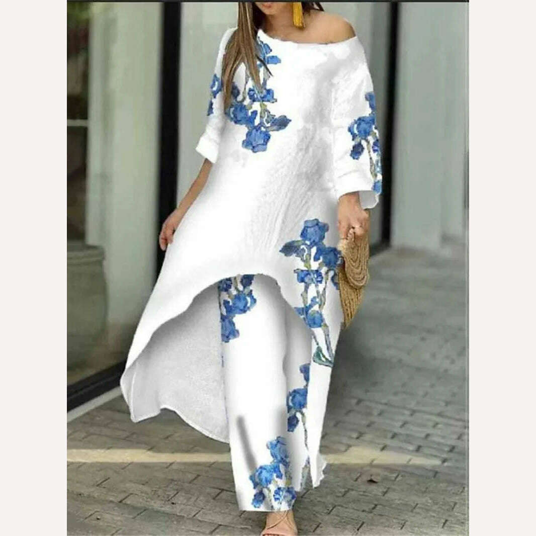 Two Piece Sets O-Neck Long Sleeve Irregular Hem Long Top & Causal Loose Wide Leg Pants Suits Fashion Print Floral Comfort Sets - KIMLUD