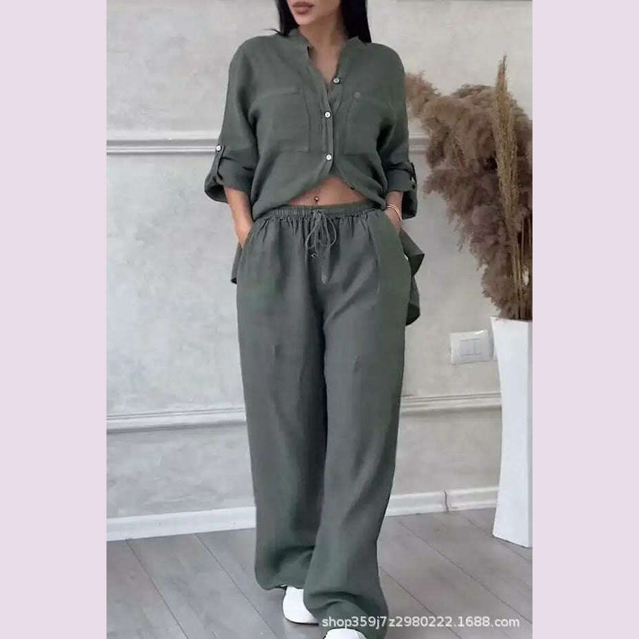 KIMLUD, Two Piece Sets Women Spring Autumn Casual Simple Long Sleeve Pocket Shirts 2 Piece Set Fashion Loose Office Shirts Suit Outfites, army green / XXXL, KIMLUD APPAREL - Womens Clothes