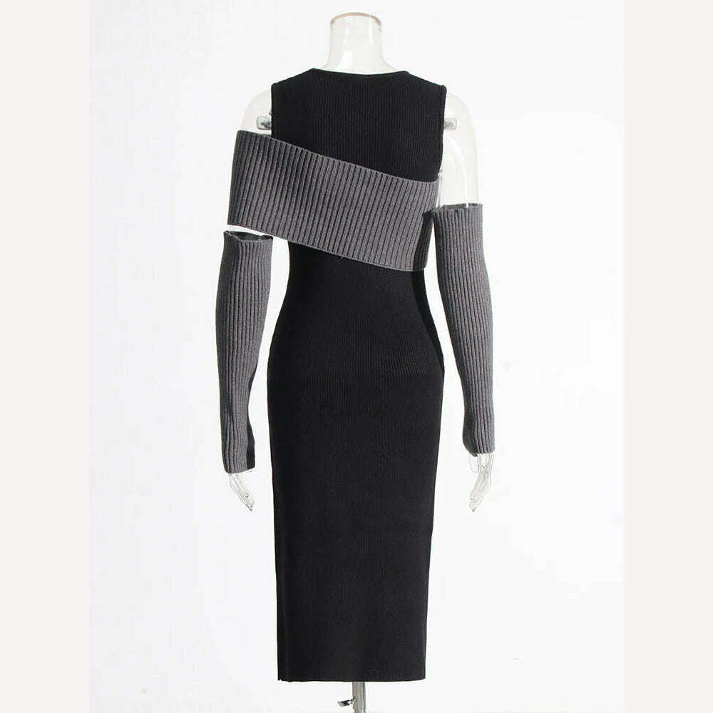 TWOTWINSTYLE Colorblock Slimming Knitting Dresses For Women Round Neck Long Sleeve High Waist Bodycon Dress Female Fashion 2023 - KIMLUD