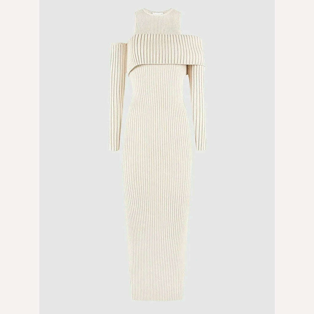 TWOTWINSTYLE Colorblock Slimming Knitting Dresses For Women Round Neck Long Sleeve High Waist Bodycon Dress Female Fashion 2023 - KIMLUD