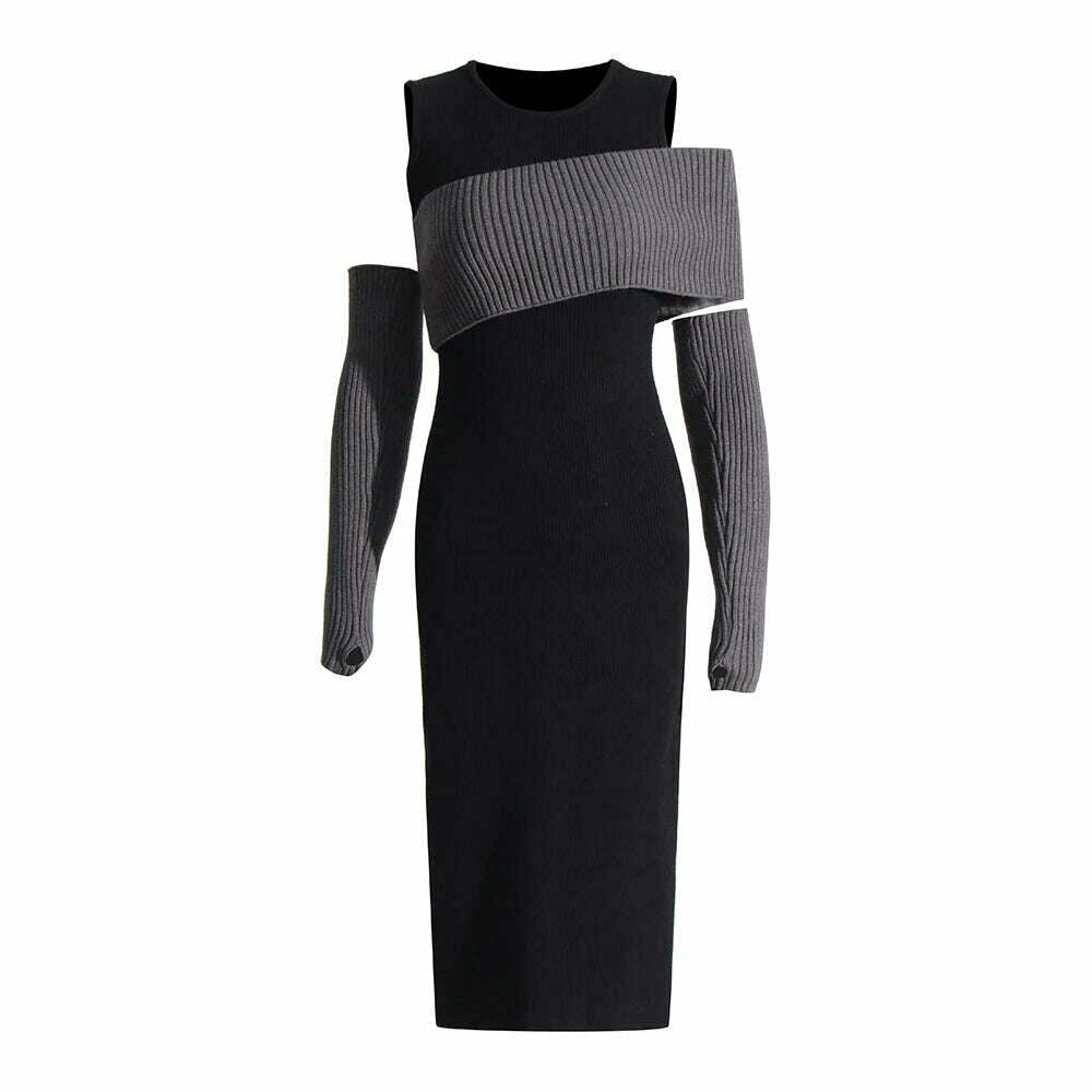TWOTWINSTYLE Colorblock Slimming Knitting Dresses For Women Round Neck Long Sleeve High Waist Bodycon Dress Female Fashion 2023 - KIMLUD