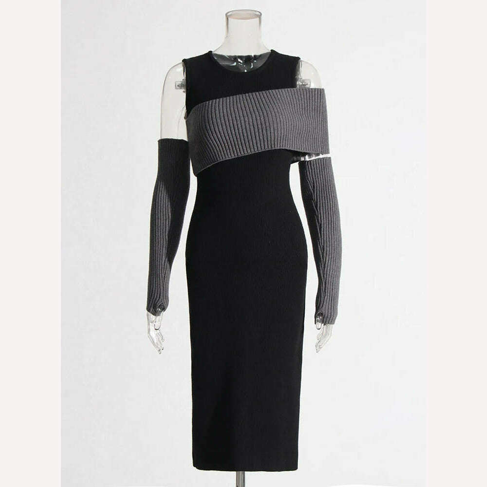 TWOTWINSTYLE Colorblock Slimming Knitting Dresses For Women Round Neck Long Sleeve High Waist Bodycon Dress Female Fashion 2023 - KIMLUD