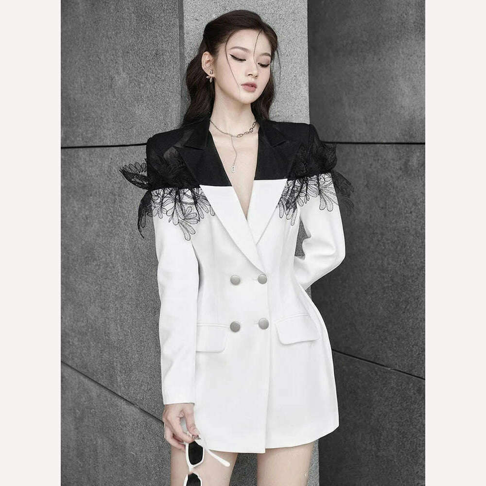 TWOTWINSTYLE Colorblock Temperament Blazers For Women Notched Collar Long Sleeve Patchwork Double Breasted Slim Blazer Female - KIMLUD